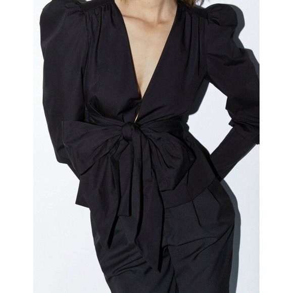 NWOT Zara Black Cotton Poplin Puff Sleeve Self-Tie Bow V-Neck Top Jacket Medium - Picture 2 of 14
